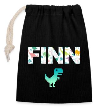 FINN - Schöner Jungen Name mit Dinosaurier - Verschließbarer Geschenkbeutel aus Baumwolle (14x20cm) - Schwarz - Vorne