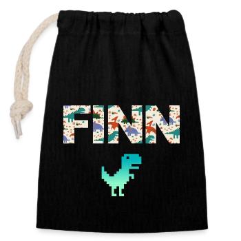 FINN - Schöner Jungen Name mit Dinosaurier - Verschließbarer Geschenkbeutel aus Baumwolle (14x20cm) - Schwarz - Vorne