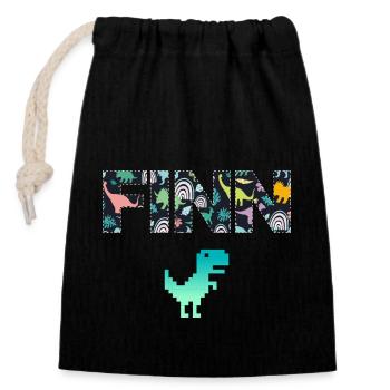 FINN - Schöner Jungen Name mit Dinosaurier - Verschließbarer Geschenkbeutel aus Baumwolle (14x20cm) - Schwarz - Vorne
