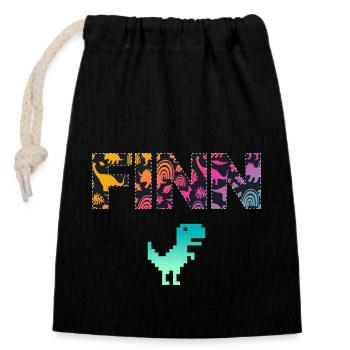 FINN - Schöner Jungen Name mit Dinosaurier - Verschließbarer Geschenkbeutel aus Baumwolle (14x20cm) - Schwarz - Vorne