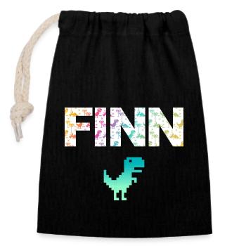 FINN - Schöner Jungen Name mit Dinosaurier - Verschließbarer Geschenkbeutel aus Baumwolle (14x20cm) - Schwarz - Vorne