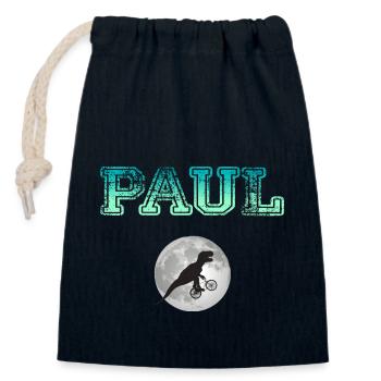 PAUL - Beau prénom de garçon avec dinosaure - Sac cadeau en coton avec cordon (14 x 20 cm) - bleu marine - Devant