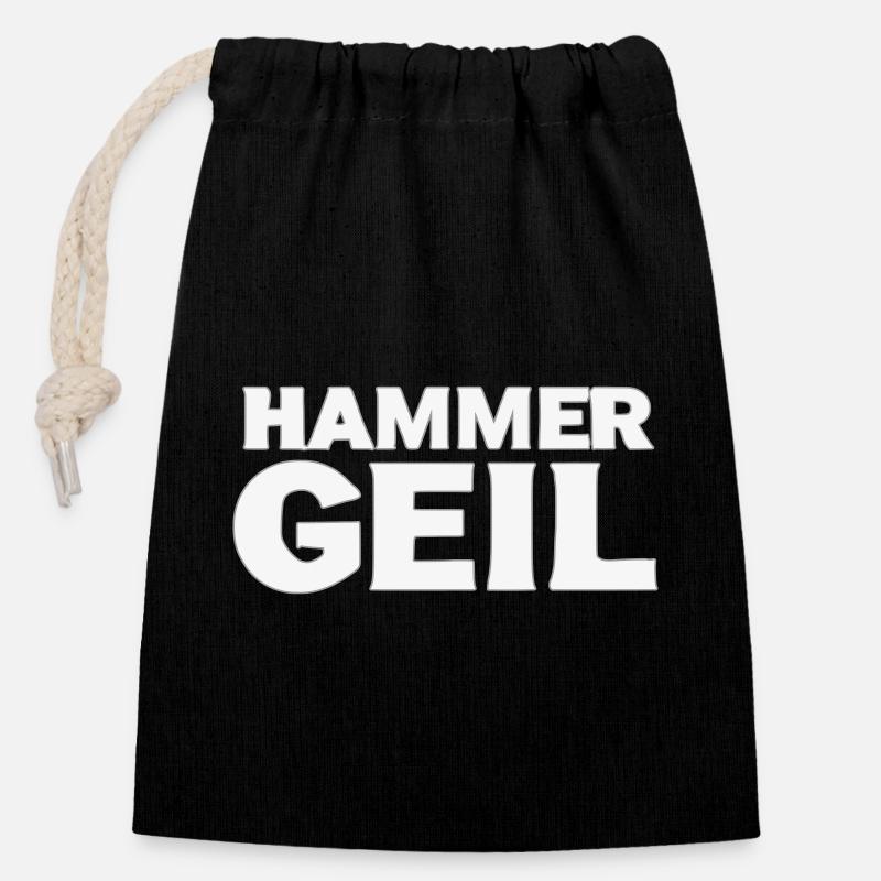 HAMMER GEIL – Handgezeichnetes Werkstatt-Design - Verschließbarer Geschenkbeutel aus Baumwolle (14x20cm) - Schwarz