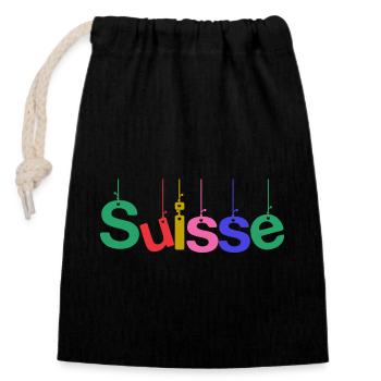 SCHWEIZ. LAND. GENF. HUMOR. FLAGGE - Verschließbarer Geschenkbeutel aus Baumwolle (14x20cm) - Schwarz - Vorne