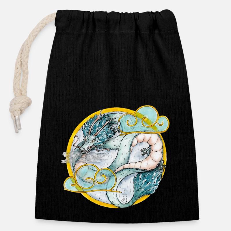 Dragon and Clouds - Closable cotton gift bag (14x20cm) - black