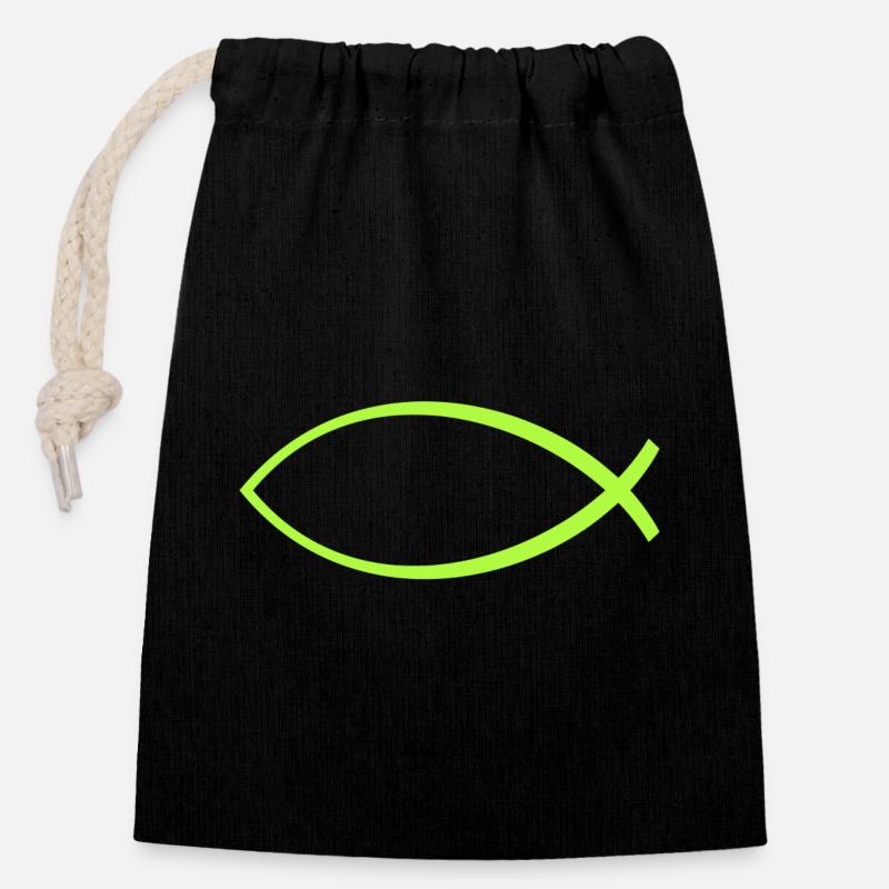Ichtus poisson pomme vert - Sac cadeau en coton avec cordon (14 x 20 cm) - noir