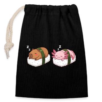 Kawaii Sushi Capybara & Axolotl Cute Sleeping - Closable cotton gift bag (14x20cm) - black - Front