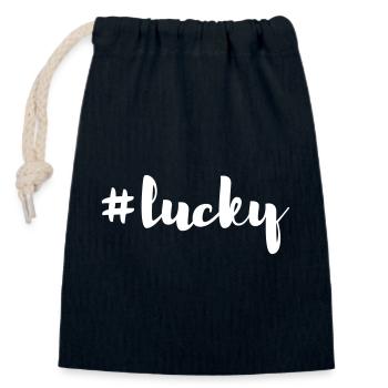 Citation chanceuse bonheur heureux écriture hashtag - Sac cadeau en coton avec cordon (14 x 20 cm) - bleu marine - Devant