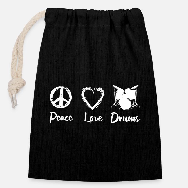 Peace Love Drums - Verschließbarer Geschenkbeutel aus Baumwolle (14x20cm) - Schwarz