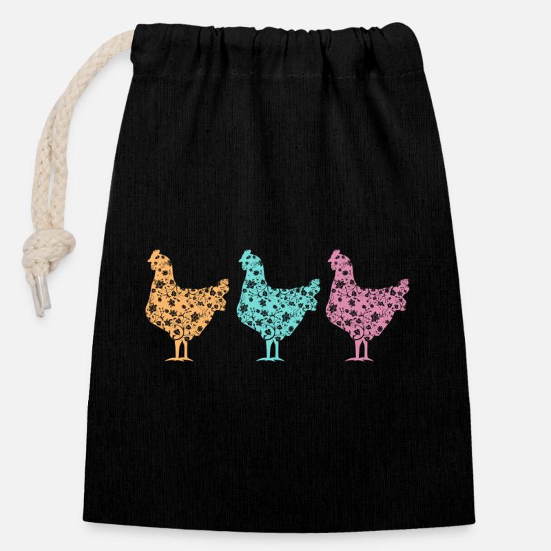 Fans de poulet - Coq - Coq - Poulet fleur - Bio - Sac cadeau en coton avec cordon (14 x 20 cm) - noir
