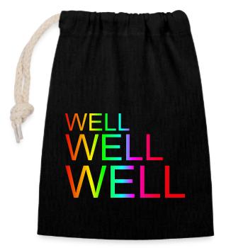 "Well-well-well" Schriftzug Regenbogenfarben - Verschließbarer Geschenkbeutel aus Baumwolle (14x20cm) - Schwarz - Vorne