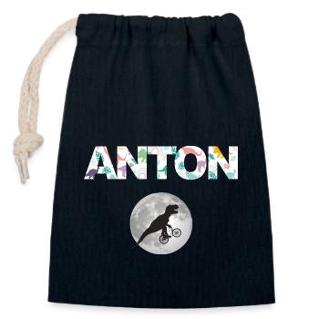 ANTON - Beau prénom de garçon avec dinosaure - Sac cadeau en coton avec cordon (14 x 20 cm) - bleu marine - Devant