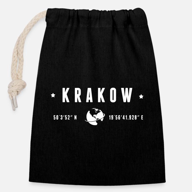 Krakow GPS Coordinates Globe Typography White - Closable cotton gift bag (14x20cm) - black