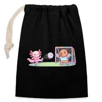 Kawaii Axolotl and Capybara Playing Football - Closable cotton gift bag (14x20cm) - black - Front