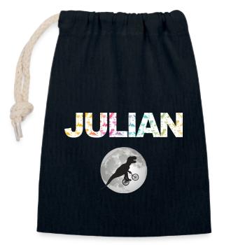 JULIAN - Schöner Jungen Name mit Dinosaurier - Verschließbarer Geschenkbeutel aus Baumwolle (14x20cm) - Navy - Vorne