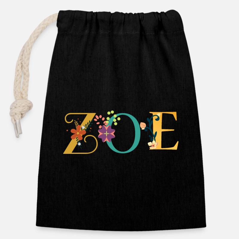 Art du prénom ZOE avec fleurs brodées - Sac cadeau en coton avec cordon (14 x 20 cm) - noir