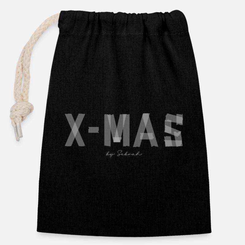 Pinceau lettres X-MAS - Sac cadeau en coton avec cordon (14 x 20 cm) - noir