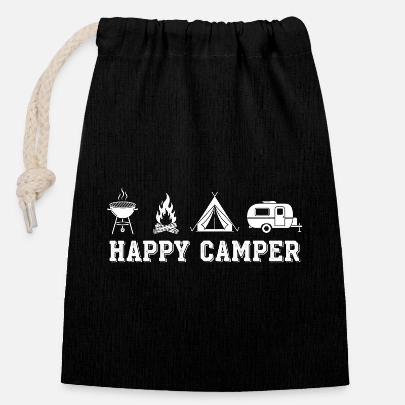Happy Camper Zelt Grill Caravan - Verschließbarer Geschenkbeutel aus Baumwolle (14x20cm) - Schwarz