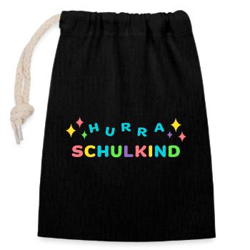 Hurra SCHULKIND Einschulung Klasse 1 - Verschließbarer Geschenkbeutel aus Baumwolle (14x20cm) - Schwarz - Vorne