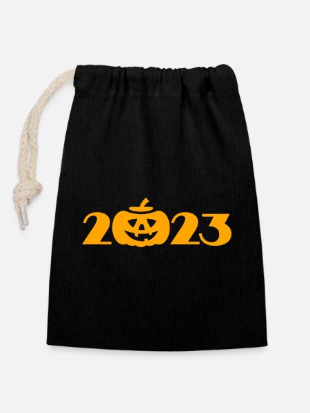 Halloween 2023, Kürbis - Verschließbarer Geschenkbeutel aus Baumwolle (14x20cm) - Schwarz