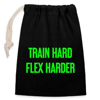 Train Hard Flex Harder - Verschließbarer Geschenkbeutel aus Baumwolle (14x20cm) - Schwarz - Vorne