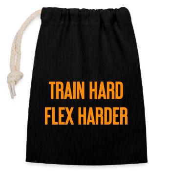 Train Hard Flex Harder - Verschließbarer Geschenkbeutel aus Baumwolle (14x20cm) - Schwarz - Vorne