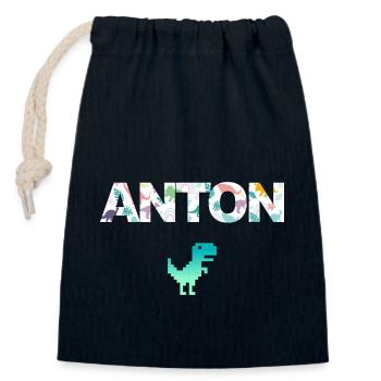 ANTON - Beau prénom de garçon avec dinosaure - Sac cadeau en coton avec cordon (14 x 20 cm) - bleu marine - Devant