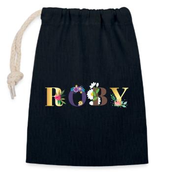 ROBY Namenskunst mit gestickten Blumen - Verschließbarer Geschenkbeutel aus Baumwolle (14x20cm) - Navy - Vorne