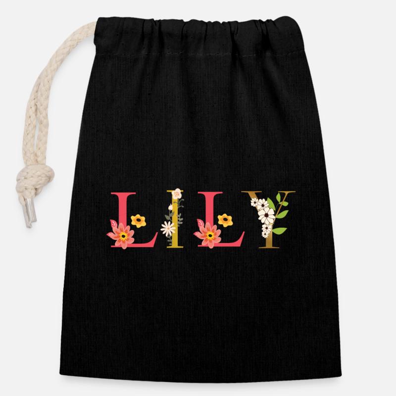 LILY name decorated with flowers - Closable cotton gift bag (14x20cm) - black