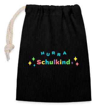 HURRA SCHULKIND - Einschulung Erstklässler - Verschließbarer Geschenkbeutel aus Baumwolle (14x20cm) - Schwarz - Vorne