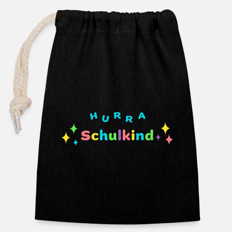 HURRA SCHULKIND - Einschulung Erstklässler - Verschließbarer Geschenkbeutel aus Baumwolle (14x20cm) - Schwarz