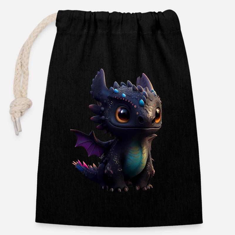 Petit dragon mignon 7 - Sac cadeau en coton avec cordon (14 x 20 cm) - noir