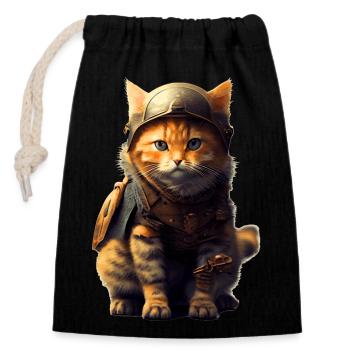 Un chat habillé en tenue médiévale imite un chevalier - Sac cadeau en coton avec cordon (14 x 20 cm) - noir - Devant