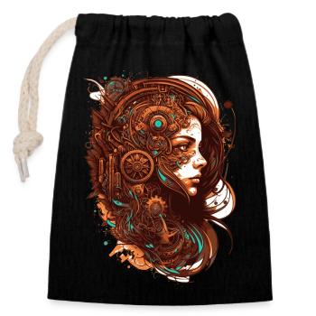 Steampunk girl in symbiosis with old technique - Closable cotton gift bag (14x20cm) - black - Front