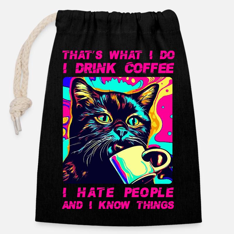Cozy Cat Coffee - Closable cotton gift bag (14x20cm) - black