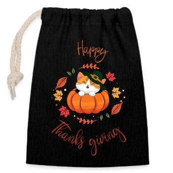 Chat à la citrouille, Thanksgiving - Sac cadeau en coton avec cordon (14 x 20 cm) - noir - Devant