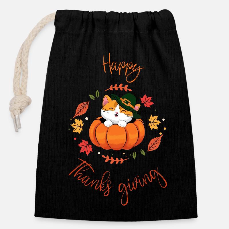 Chat à la citrouille, Thanksgiving - Sac cadeau en coton avec cordon (14 x 20 cm) - noir