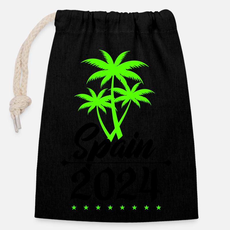 Espagne 2024 Palmiers - Sac cadeau en coton avec cordon (14 x 20 cm) - noir