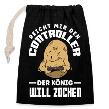 Reicht mir den Controller – König will zocken - Verschließbarer Geschenkbeutel aus Baumwolle (14x20cm) - Schwarz - Vorne