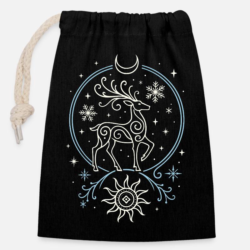 Cerf de Noël avec soleil, lune et bois - Sac cadeau en coton avec cordon (14 x 20 cm) - noir