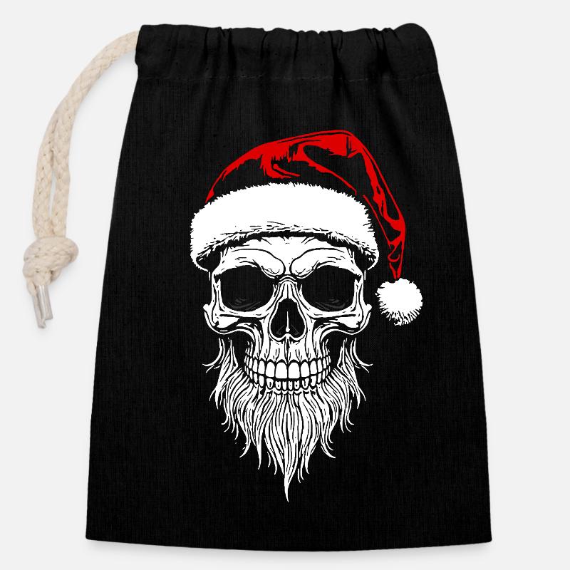 Schädel Santa Weihnachts - Skull - Verschließbarer Geschenkbeutel aus Baumwolle (14x20cm) - Schwarz