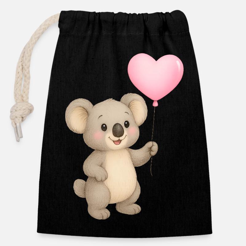Koala câlin avec ballon en forme de cœur - Sac cadeau en coton avec cordon (14 x 20 cm) - noir