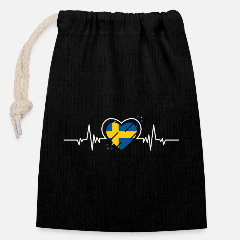 Schweden Herz Herzschlag Flagge Geschenk - Verschließbarer Geschenkbeutel aus Baumwolle (14x20cm) - Schwarz