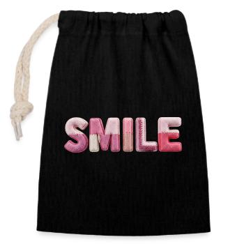 Plüsch Smile Schriftzug Patchwork Trend - Verschließbarer Geschenkbeutel aus Baumwolle (14x20cm) - Schwarz - Vorne
