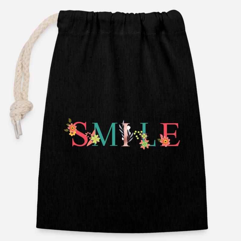 SMILE Name Art avec des fleurs brodées - Sac cadeau en coton avec cordon (14 x 20 cm) - noir