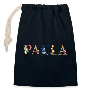 PAULA Namenskunst mit gestickten Blumen - Verschließbarer Geschenkbeutel aus Baumwolle (14x20cm) - Navy - Vorne