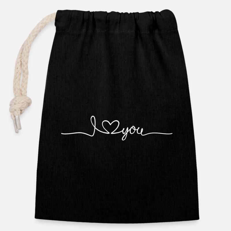Citation "love you" - Sac cadeau en coton avec cordon (14 x 20 cm) - noir