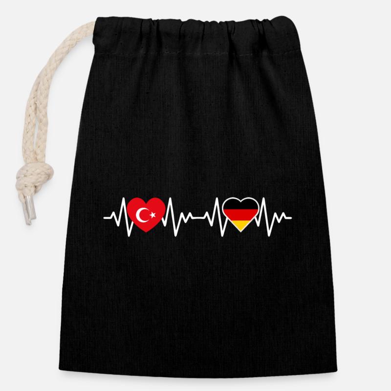 Türkisch-Deutsches Herzschlag-Verbindungsdesign - Verschließbarer Geschenkbeutel aus Baumwolle (14x20cm) - Schwarz