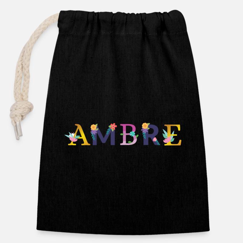 AMBRE Name Adorned with Flowers - Closable cotton gift bag (14x20cm) - black