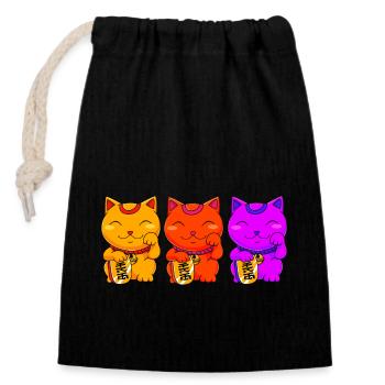 Maneki Neko Japan Glücksbringer - Verschließbarer Geschenkbeutel aus Baumwolle (14x20cm) - Schwarz - Vorne